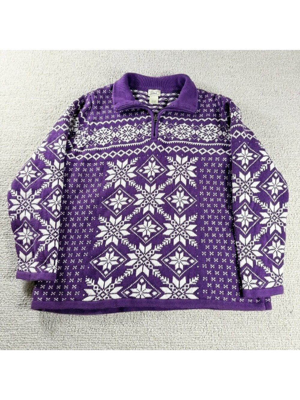 L.L. Bean Fair Isle Henley Tight Knit Sweater Purple White Women’s Size XL